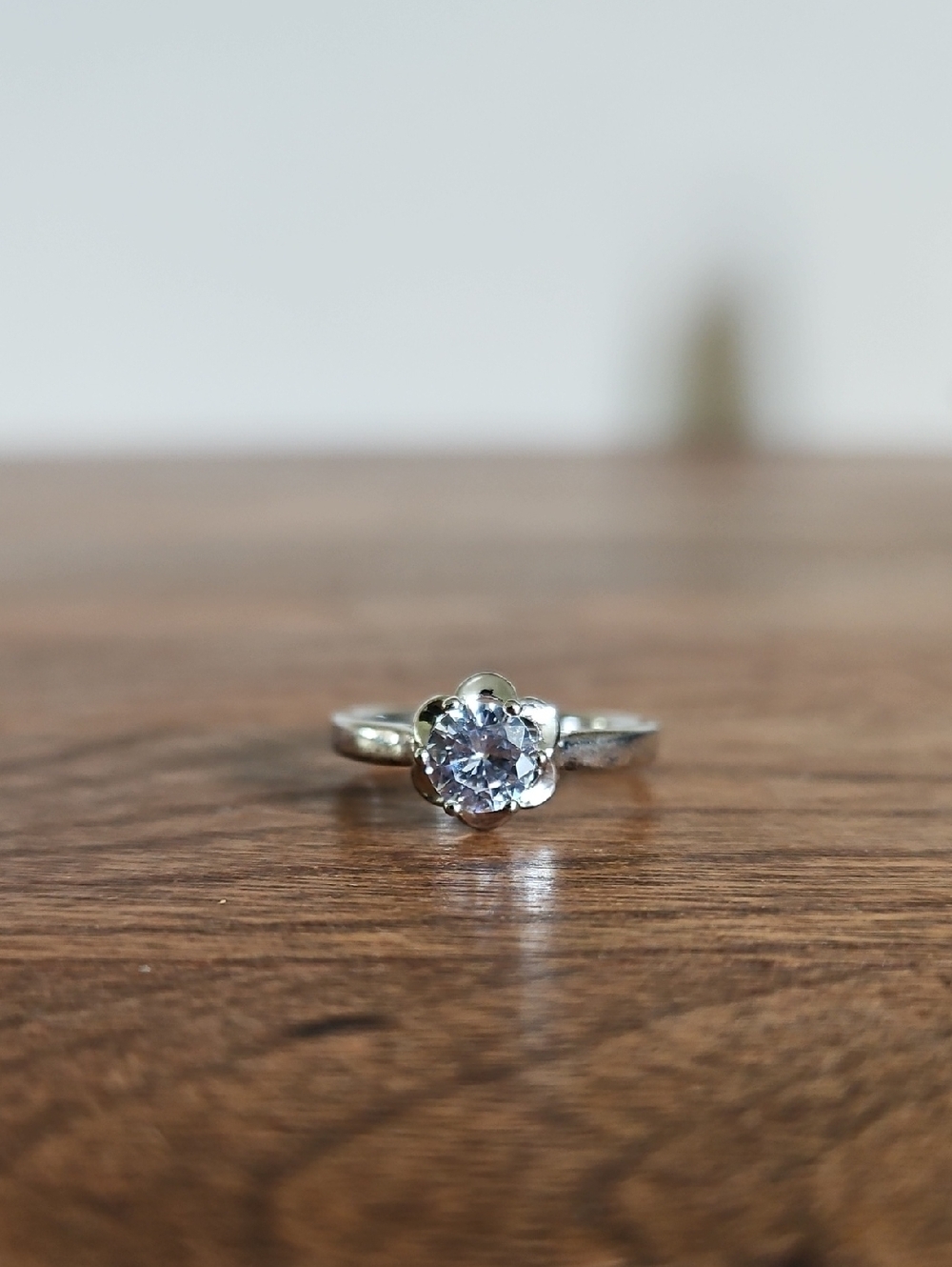Silver-Tone Flower Solitaire Ring